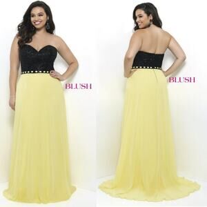 NWT Blush Prom Lemon Yellow & Black Prom Gown, Sz 18W